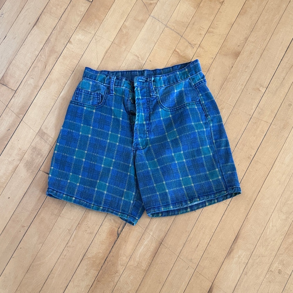 Vintage paris blues Plaid Blue and Green Jean Shorts
